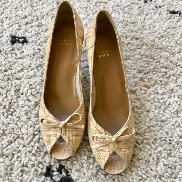 Stuart Weitzman Toesie Cream Raffia Peep Toe Heels - Picture 2 of 7